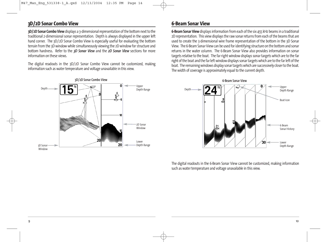 Humminbird 47, 531338-1_A manual 3D/2D Sonar Combo View, Beam Sonar View 