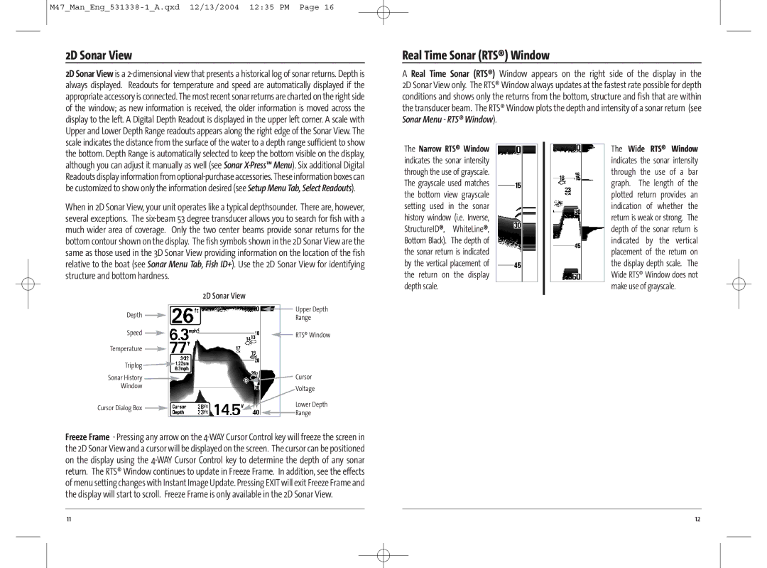 Humminbird 531338-1_A, 47 manual 2D Sonar View, Real Time Sonar RTS Window 