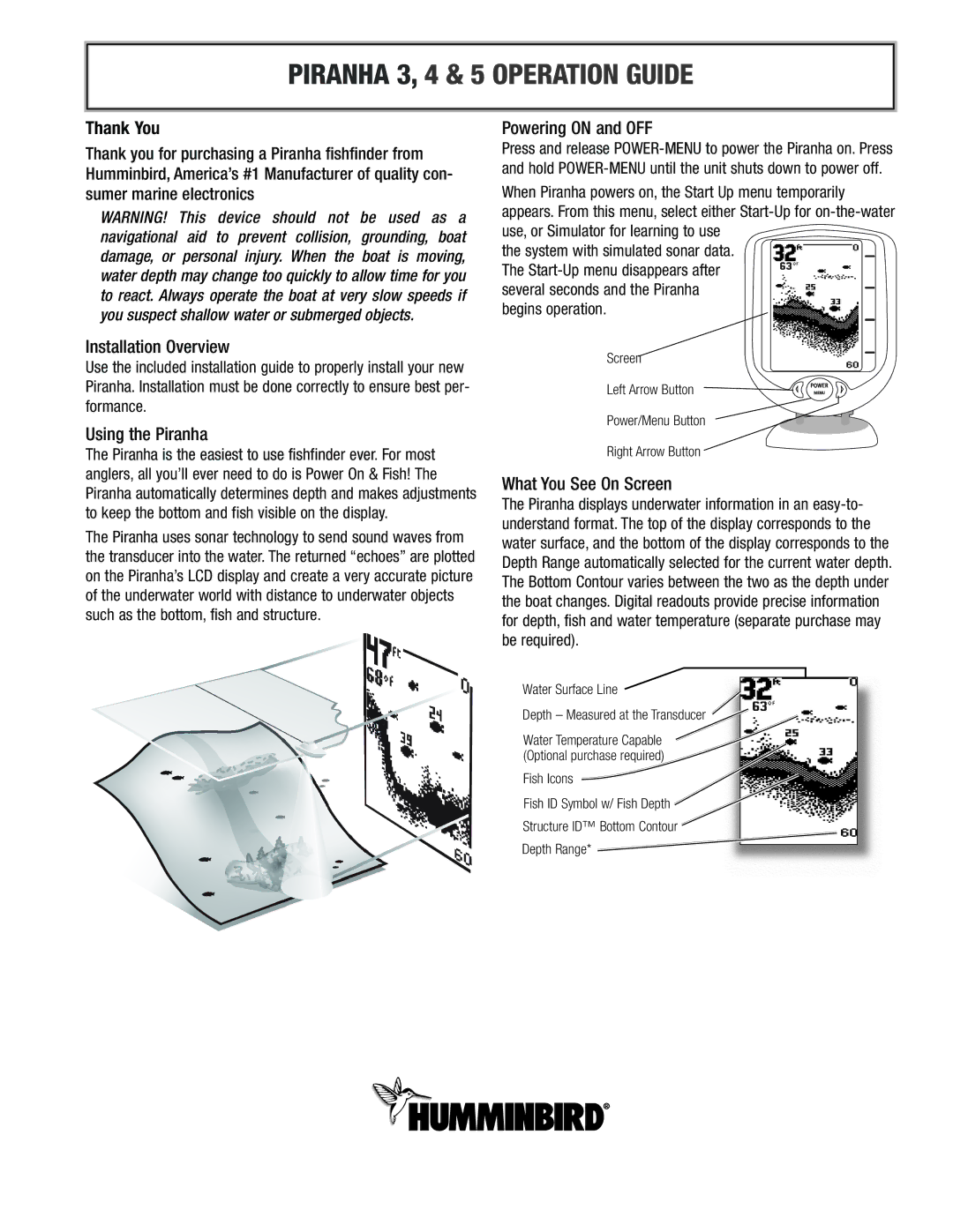 Humminbird 4, 5 manual Using the Piranha, Powering on and OFF, What You See On Screen 