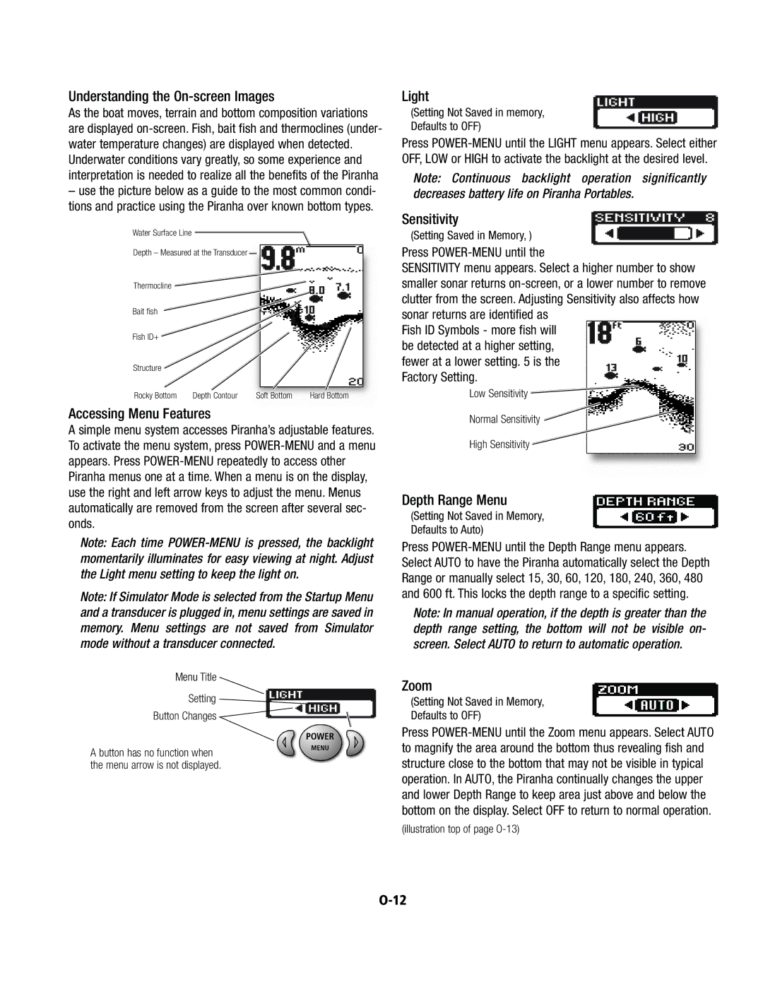 Humminbird 5, 4 Understanding the On-screen Images, Accessing Menu Features, Light, Sensitivity, Depth Range Menu, Zoom 