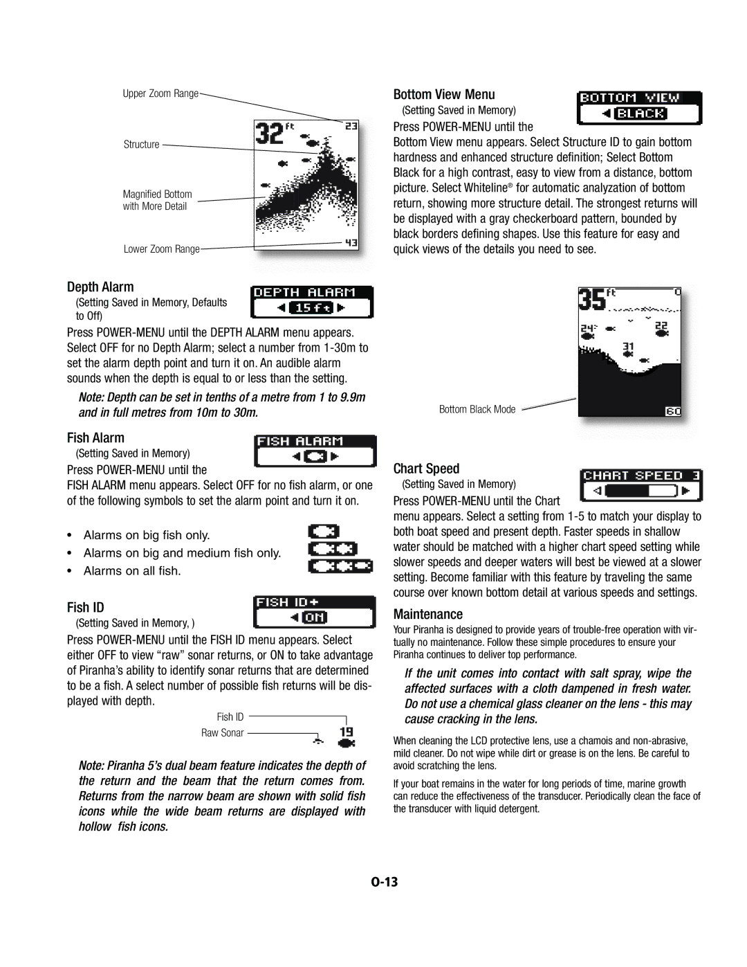 Humminbird 4, 5 manual Bottom View Menu, Depth Alarm, Fish Alarm, Fish ID, Maintenance 