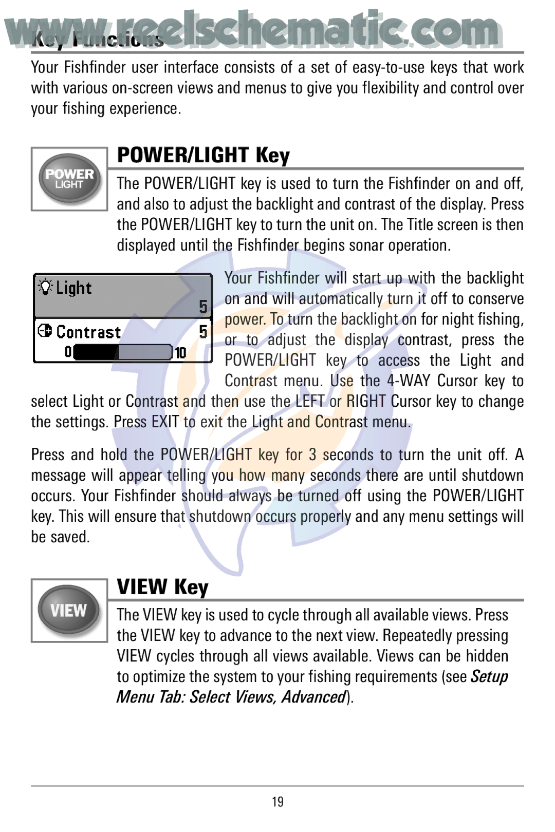 Humminbird 500 manual WwwKey Functions..reelschematic..com, POWER/LIGHT Key, View Key 