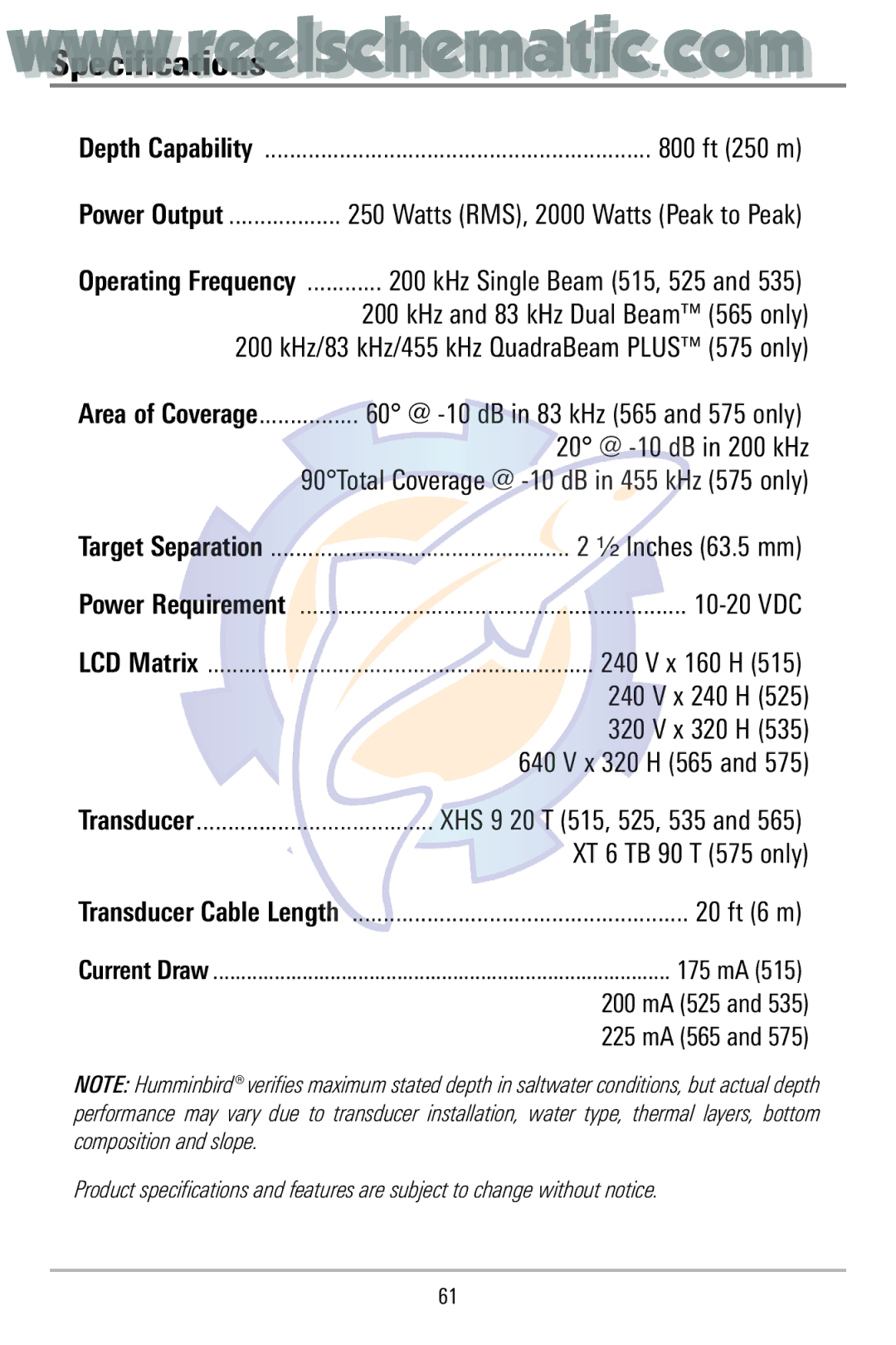 Humminbird 500 manual WwwSpecifications..reelschematic..com 