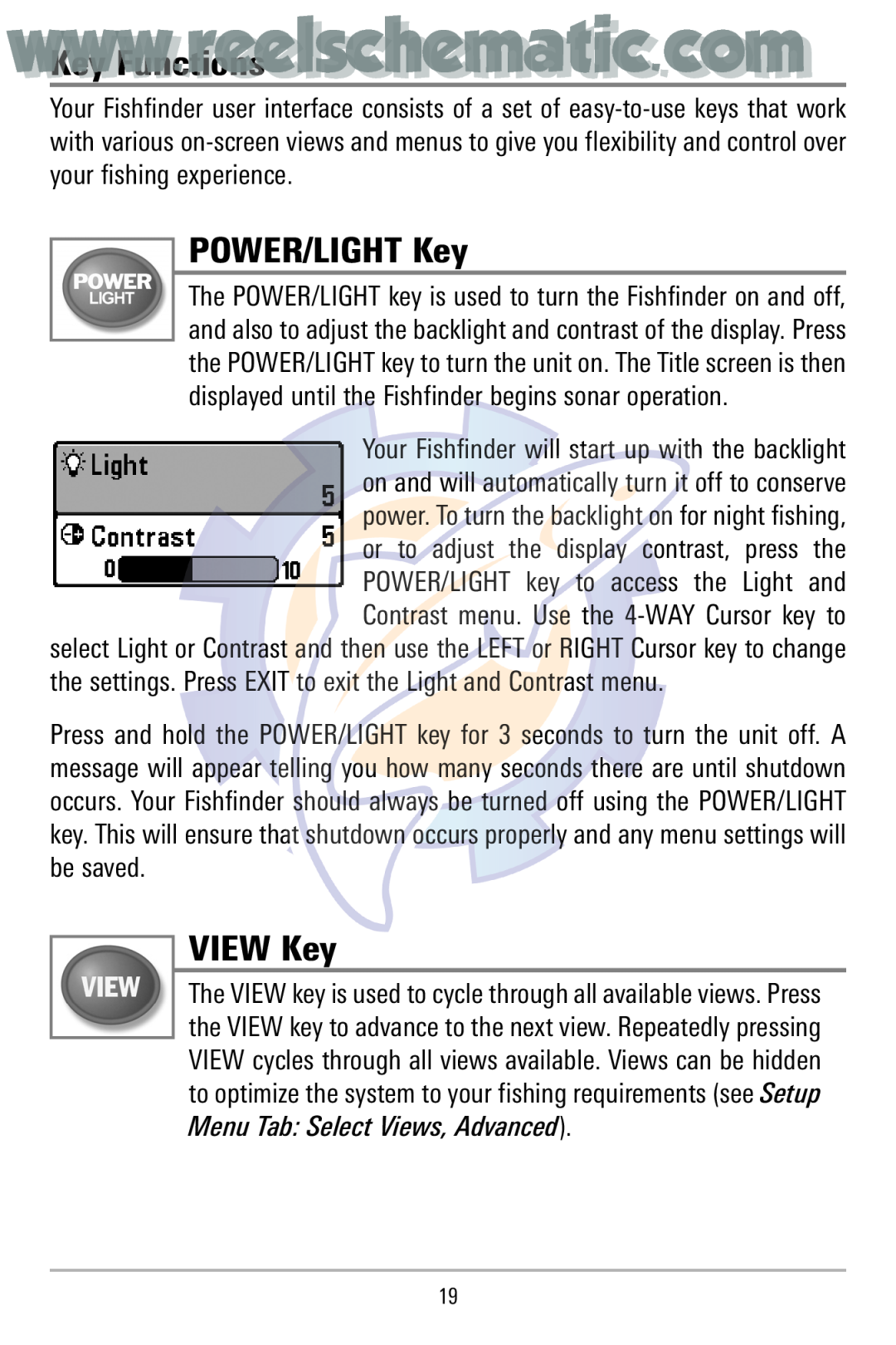 Humminbird 500 manual wwwKey Functions..reelschematic..com, POWER/LIGHT Key, VIEW Key 