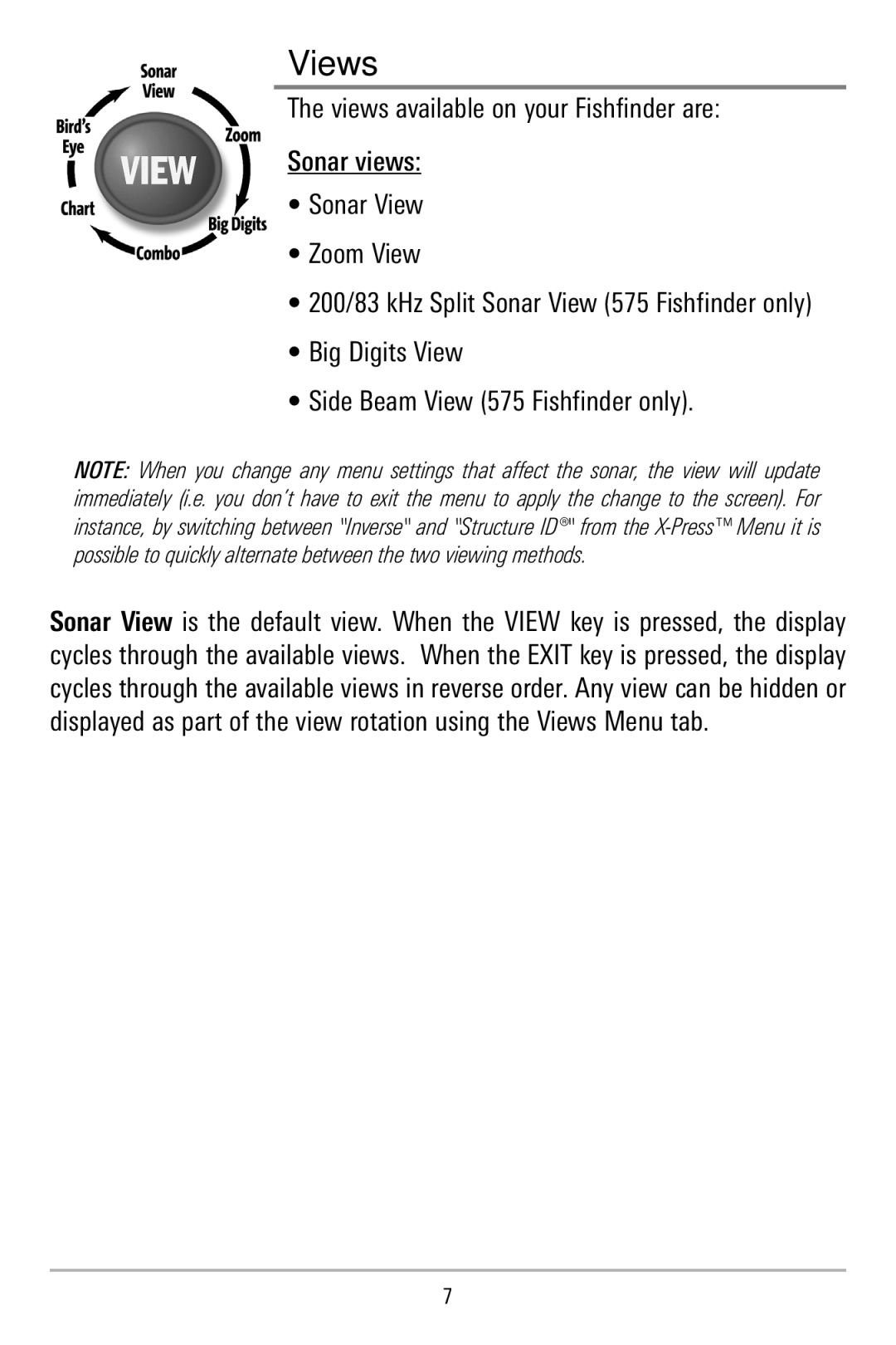 Humminbird 515, 500 series manual Views, Big Digits View Side Beam View 575 Fishfinder only 
