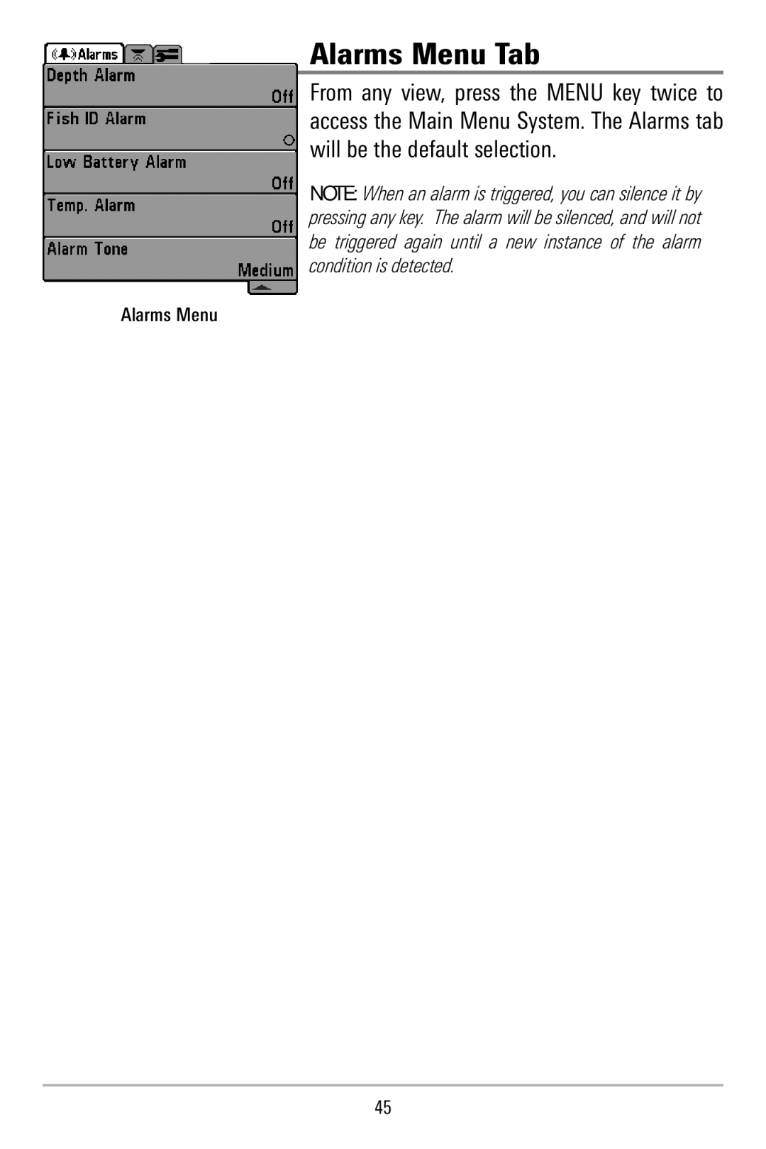 Humminbird 515, 500 series manual Alarms Menu Tab 