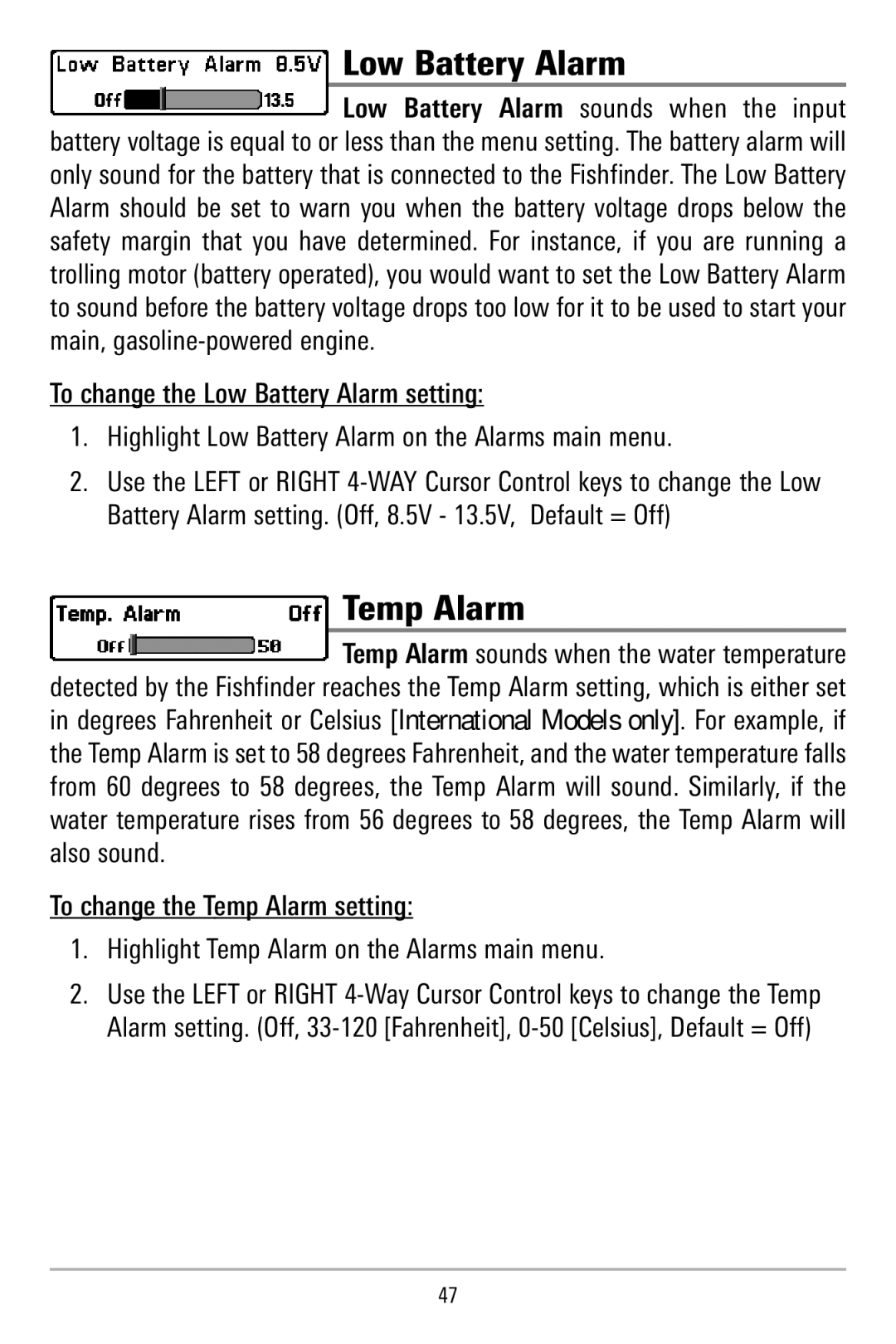 Humminbird 515, 500 series manual Low Battery Alarm, Temp Alarm 