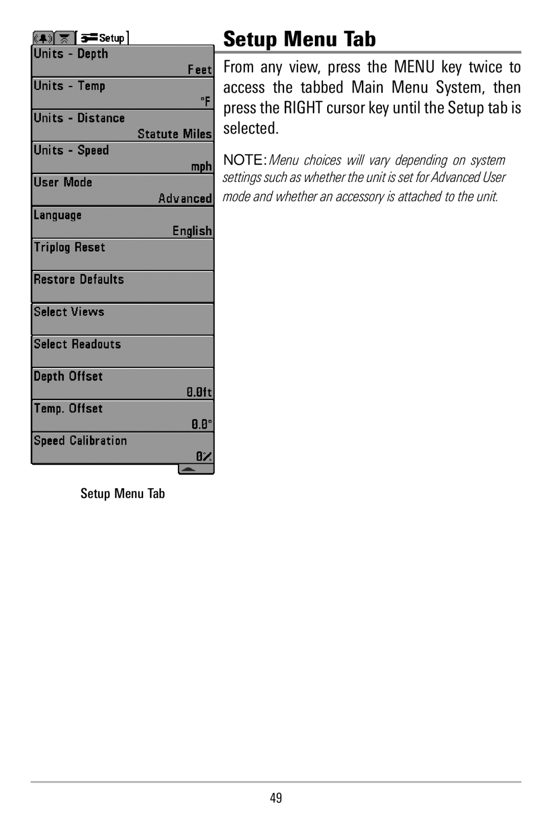 Humminbird 515, 500 series manual Setup Menu Tab 