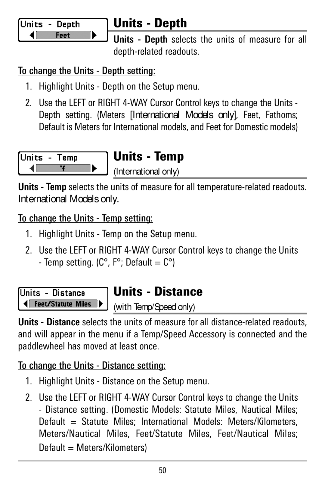Humminbird 500 series, 515 manual Units Depth, Units Temp, Units Distance 