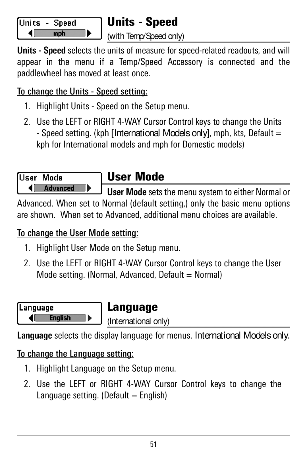 Humminbird 515, 500 series manual Units Speed, User Mode, Language 