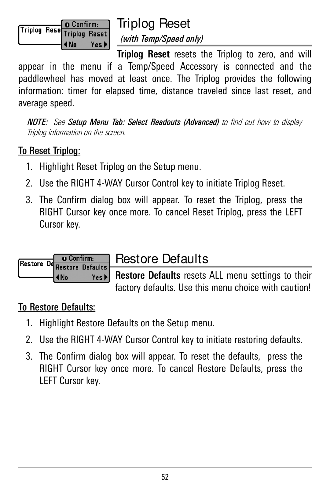 Humminbird 500 series, 515 manual Triplog Reset, Restore Defaults 