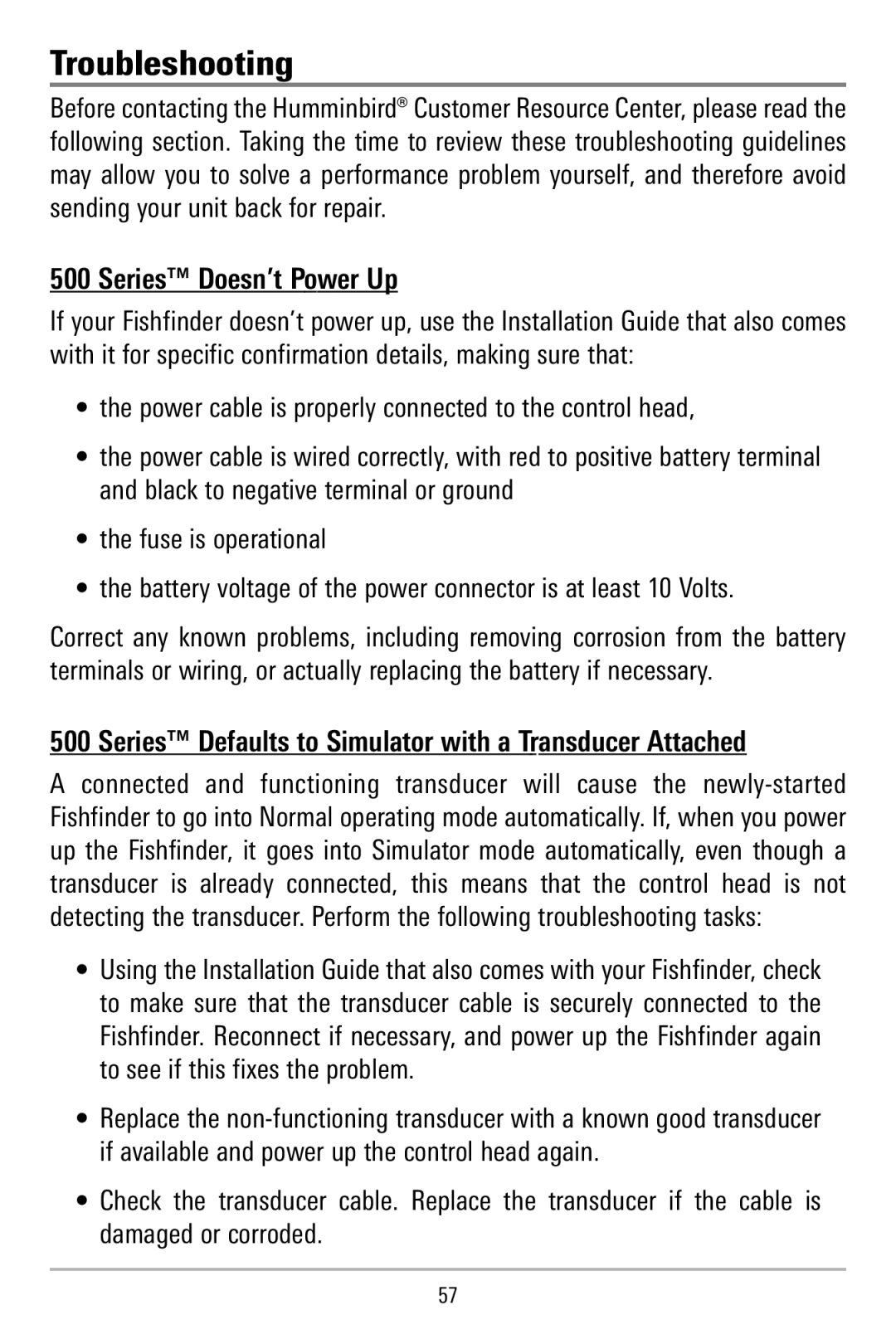 Humminbird 515, 500 series manual Troubleshooting, Series Doesn’t Power Up 