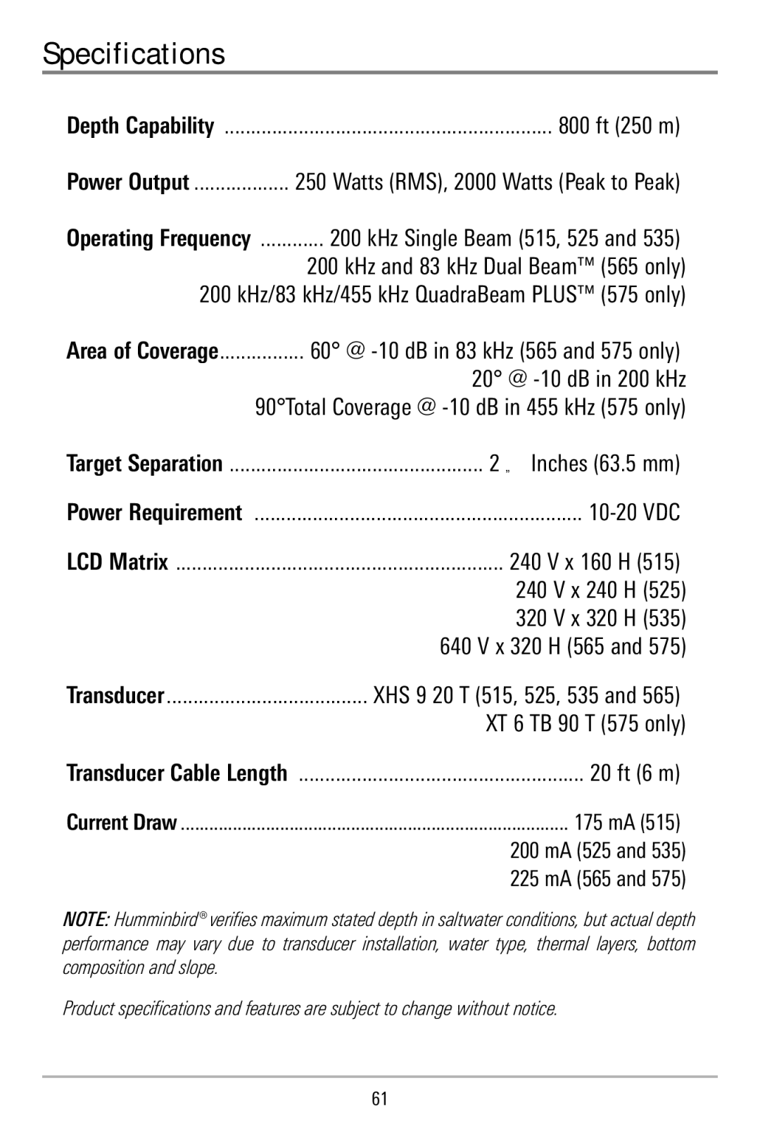 Humminbird 515, 500 series manual Specifications, 800 ft 250 m 