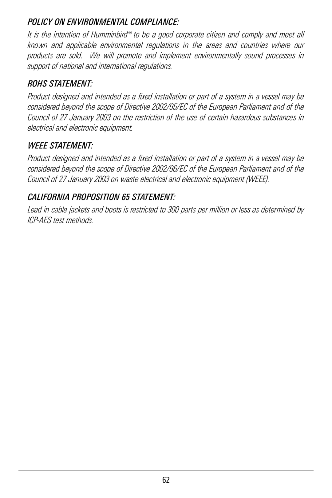 Humminbird 500 series, 515 manual Policy on Environmental Compliance 