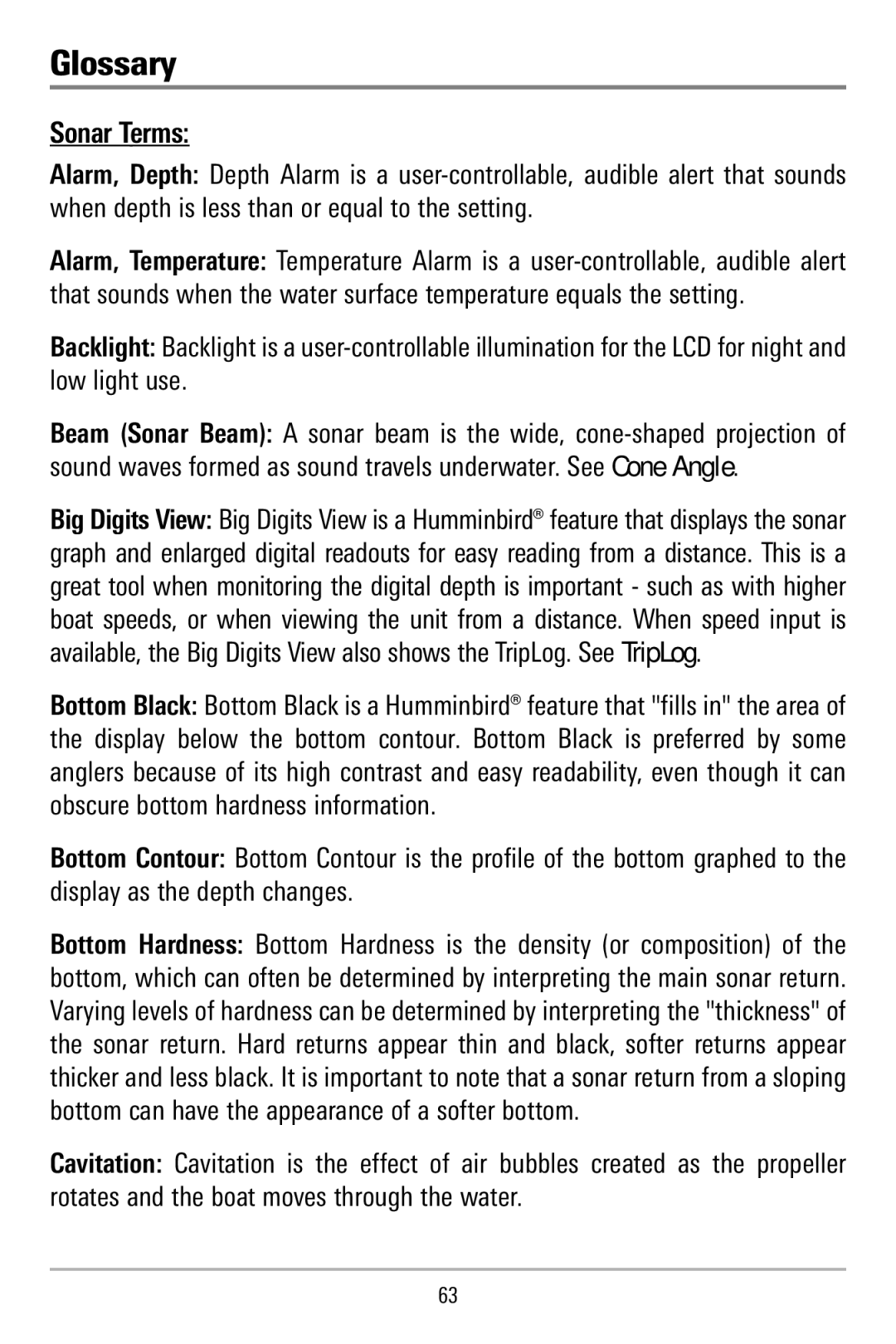 Humminbird 515, 500 series manual Glossary, Sonar Terms 