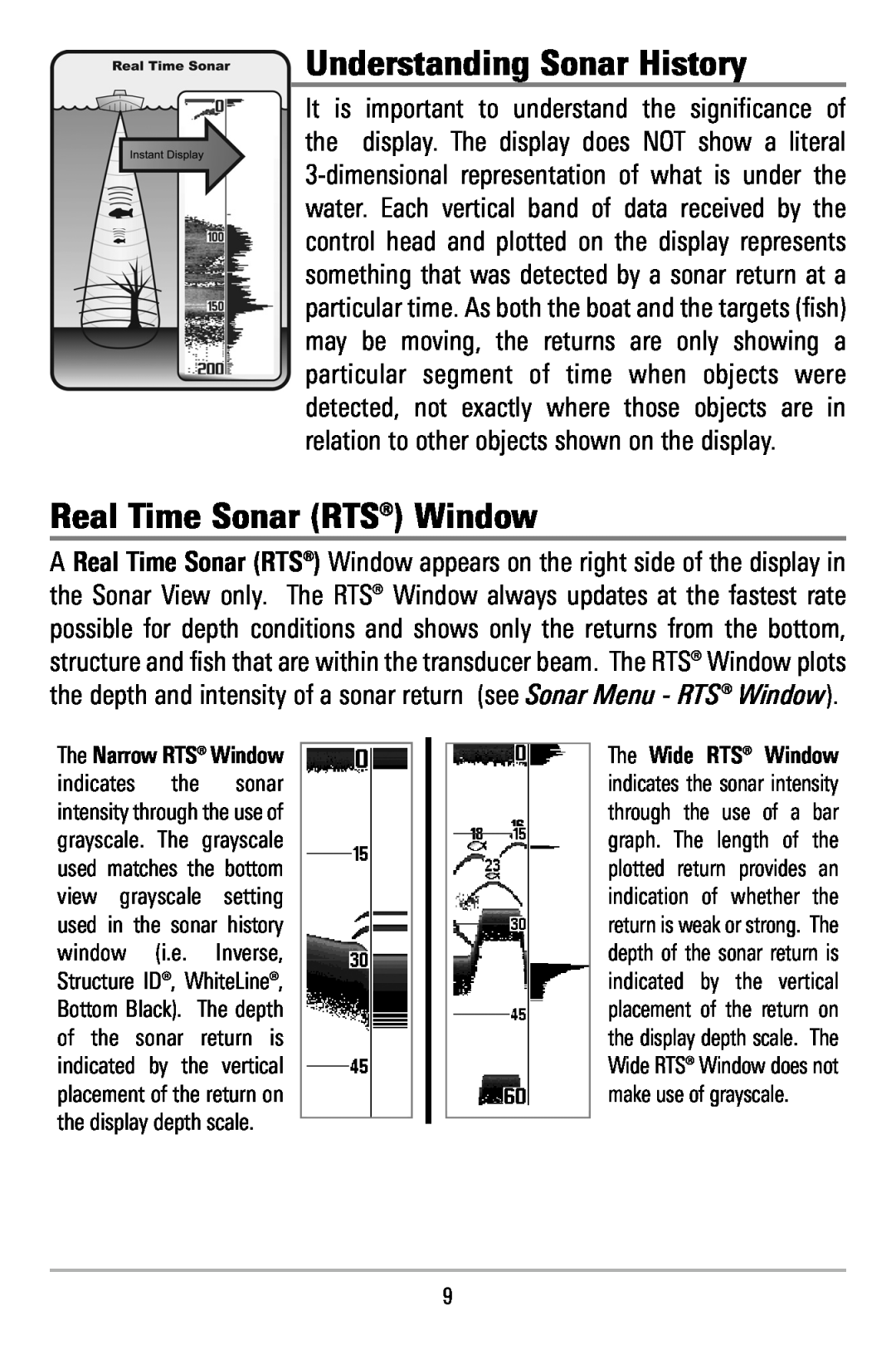 Humminbird 515, 500 series manual Understanding Sonar History, Real Time Sonar RTS Window 