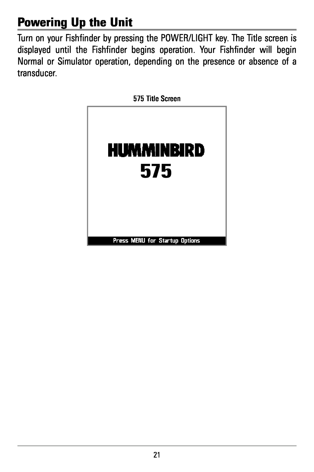 Humminbird 515, 500 series manual Powering Up the Unit, Title Screen 