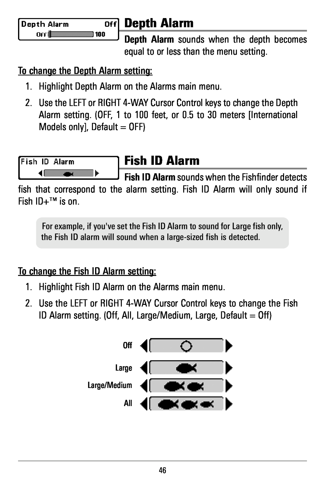 Humminbird 500 series, 515 manual Depth Alarm, Fish ID Alarm 