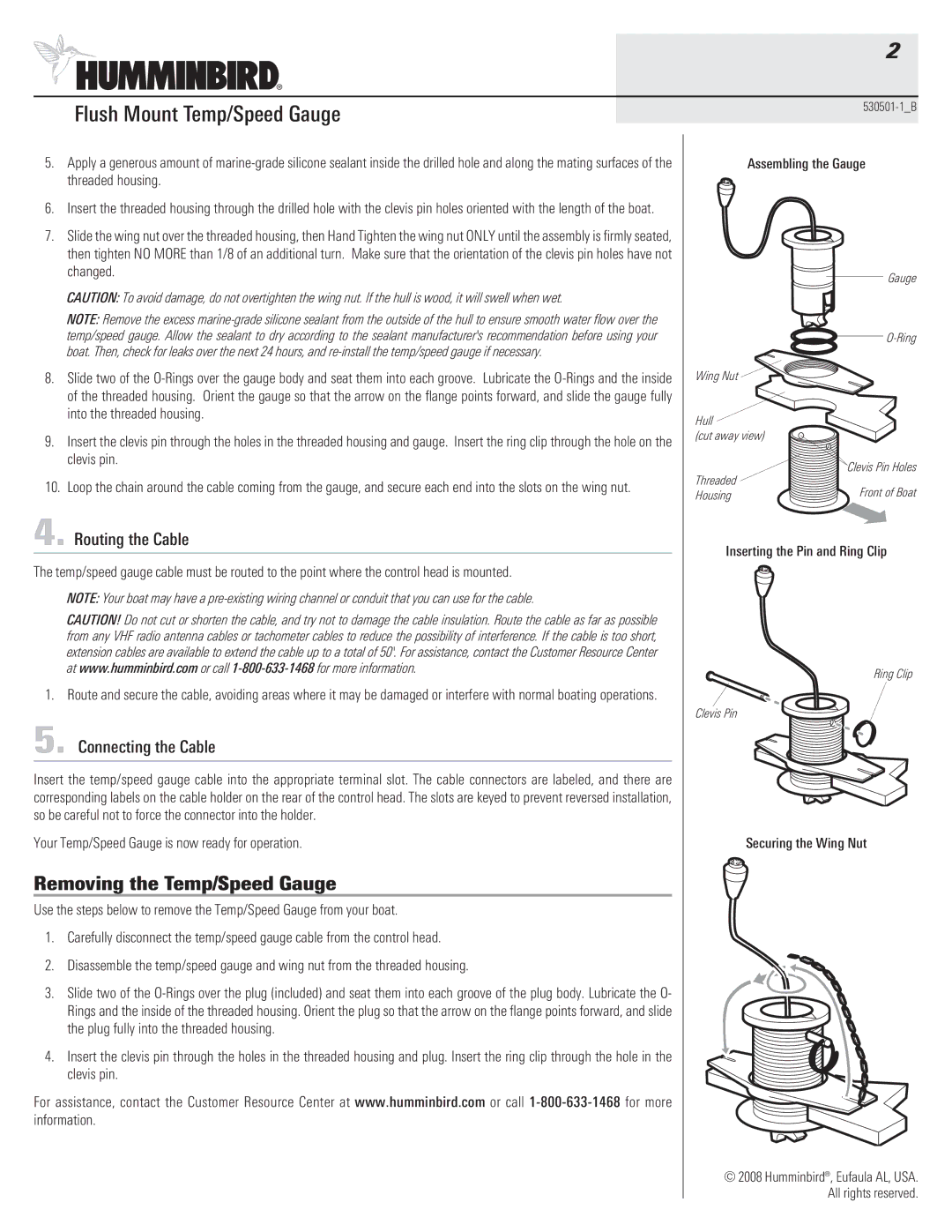 Humminbird 530501-1_B warranty Removing the Temp/Speed Gauge, Routing the Cable, Connecting the Cable 