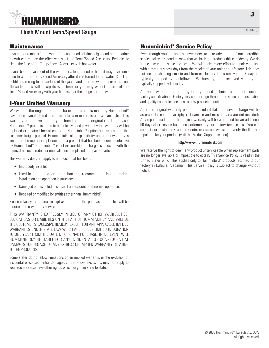 Humminbird 530501-1_B warranty Maintenance, Year Limited Warranty, Humminbird Service Policy 