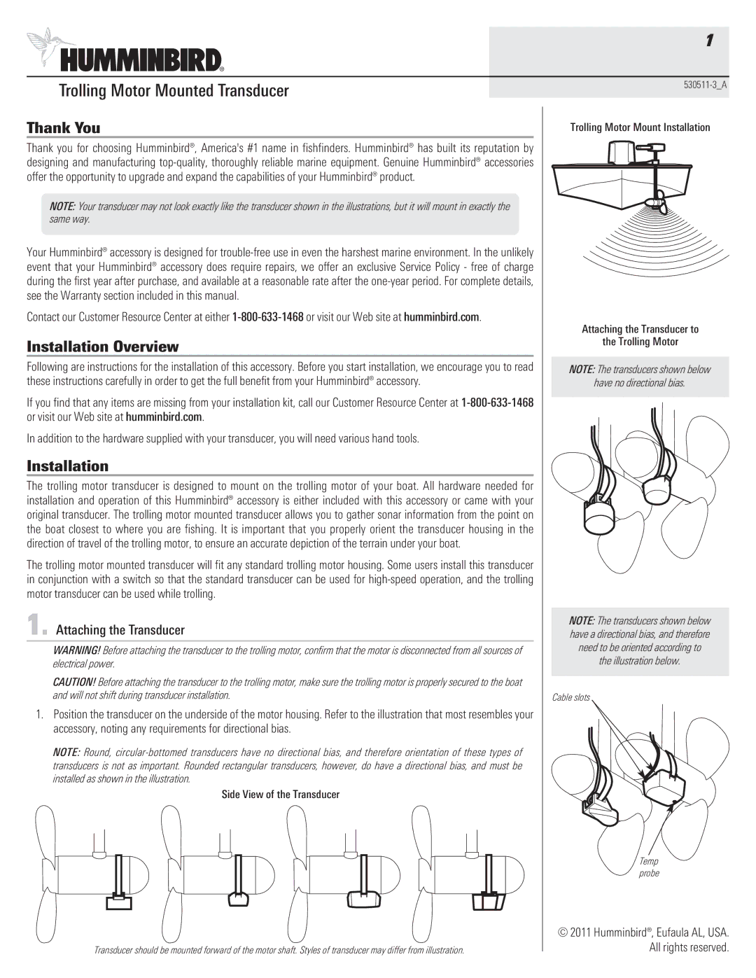 Humminbird 530511-3_A warranty Thank You, Installation Overview, Attaching the Transducer 