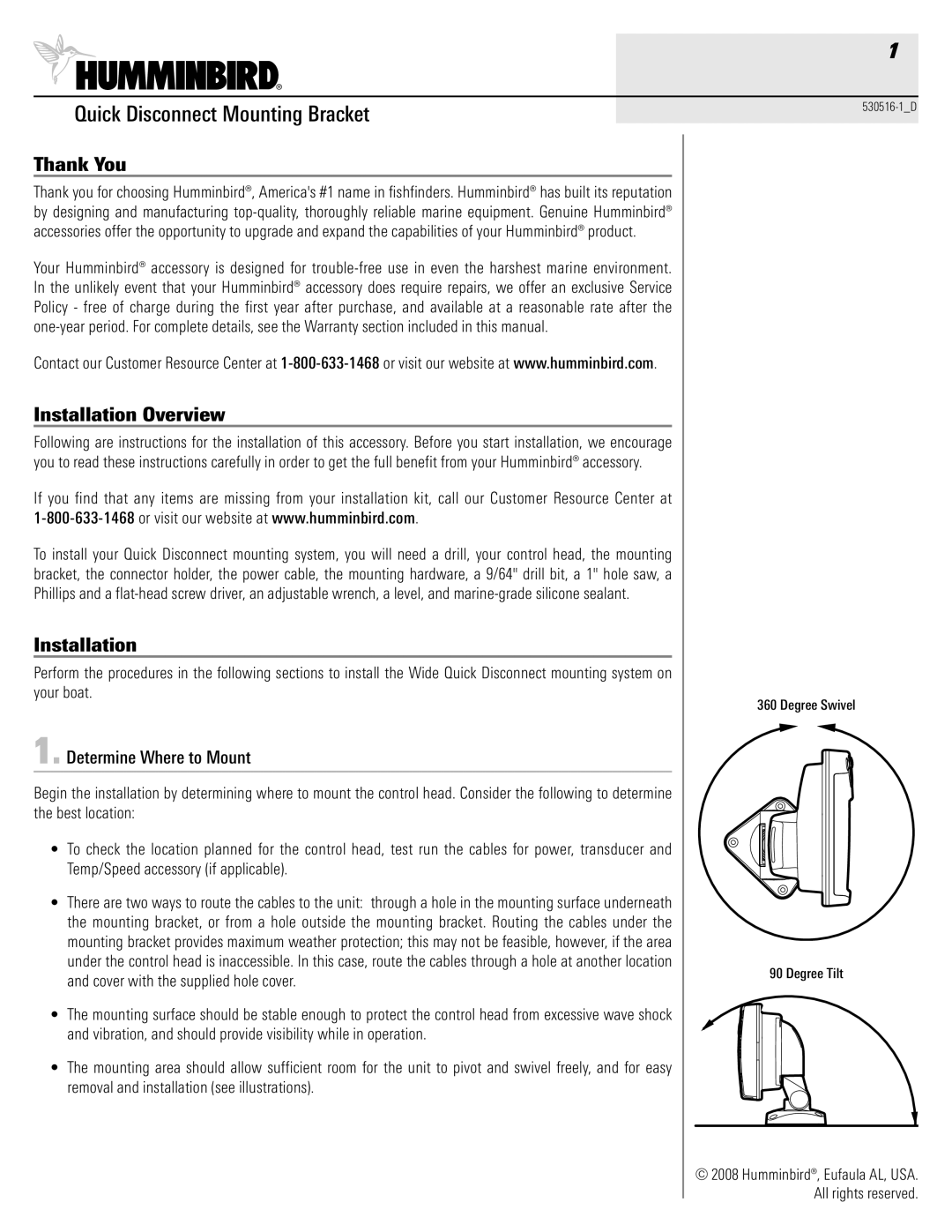 Humminbird 530516-1_D warranty Thank You, Installation Overview, Determine Where to Mount 