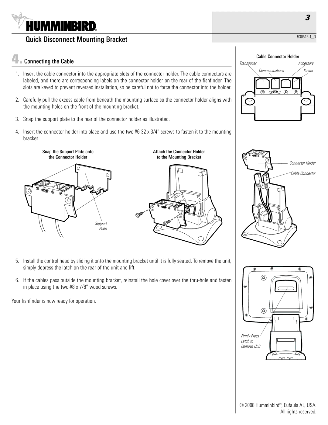 Humminbird 530516-1_D warranty Connecting the Cable 