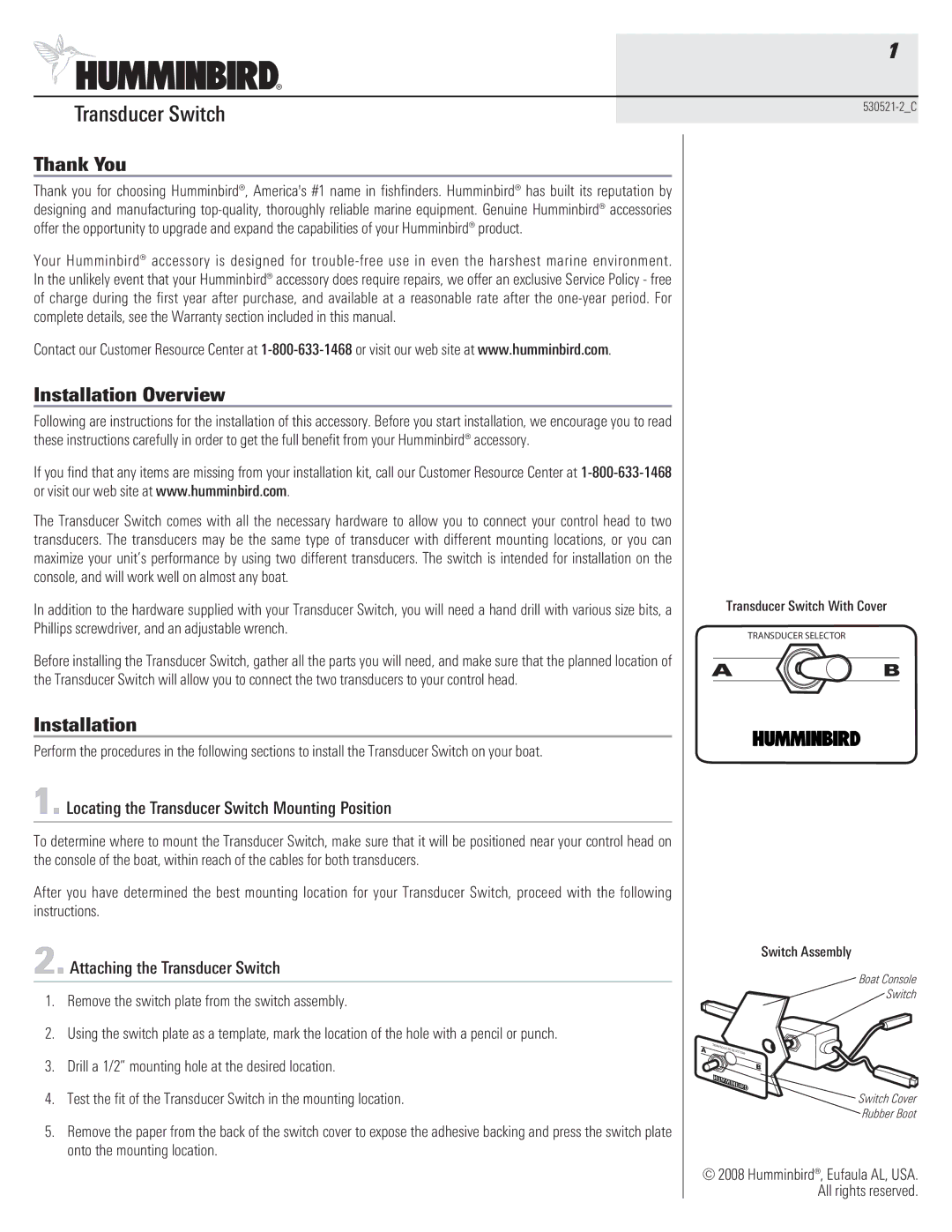 Humminbird 530521-2_C warranty Thank You, Installation Overview, Locating the Transducer Switch Mounting Position 