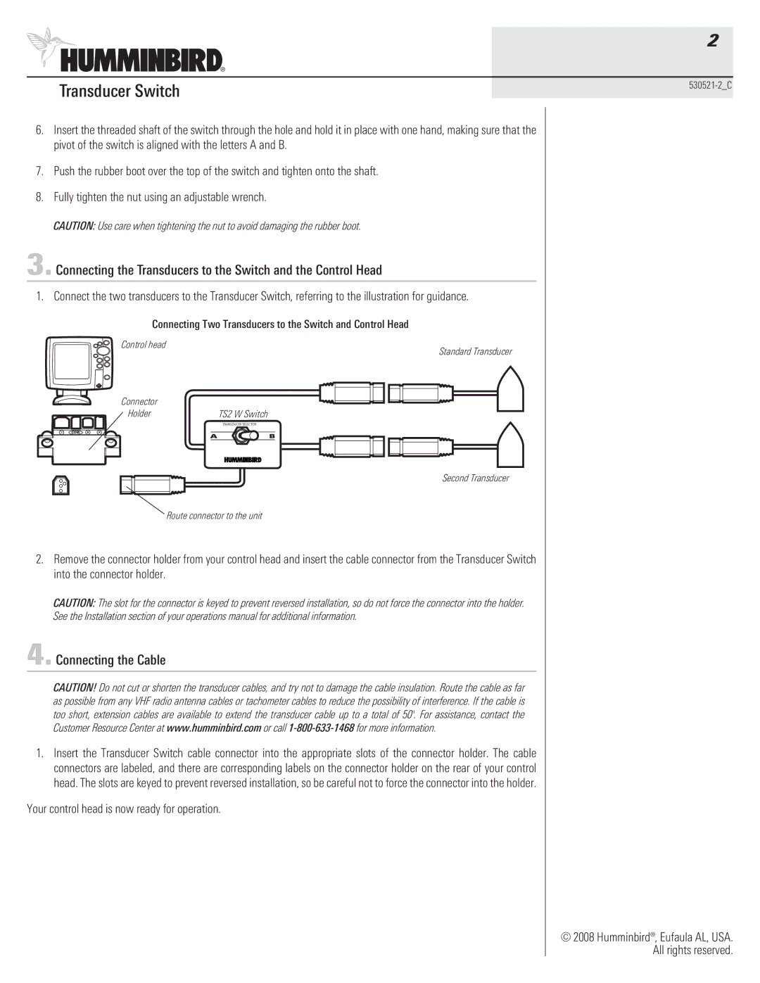 Humminbird 530521-2_C warranty Connecting the Cable, Connecting Two Transducers to the Switch and Control Head 