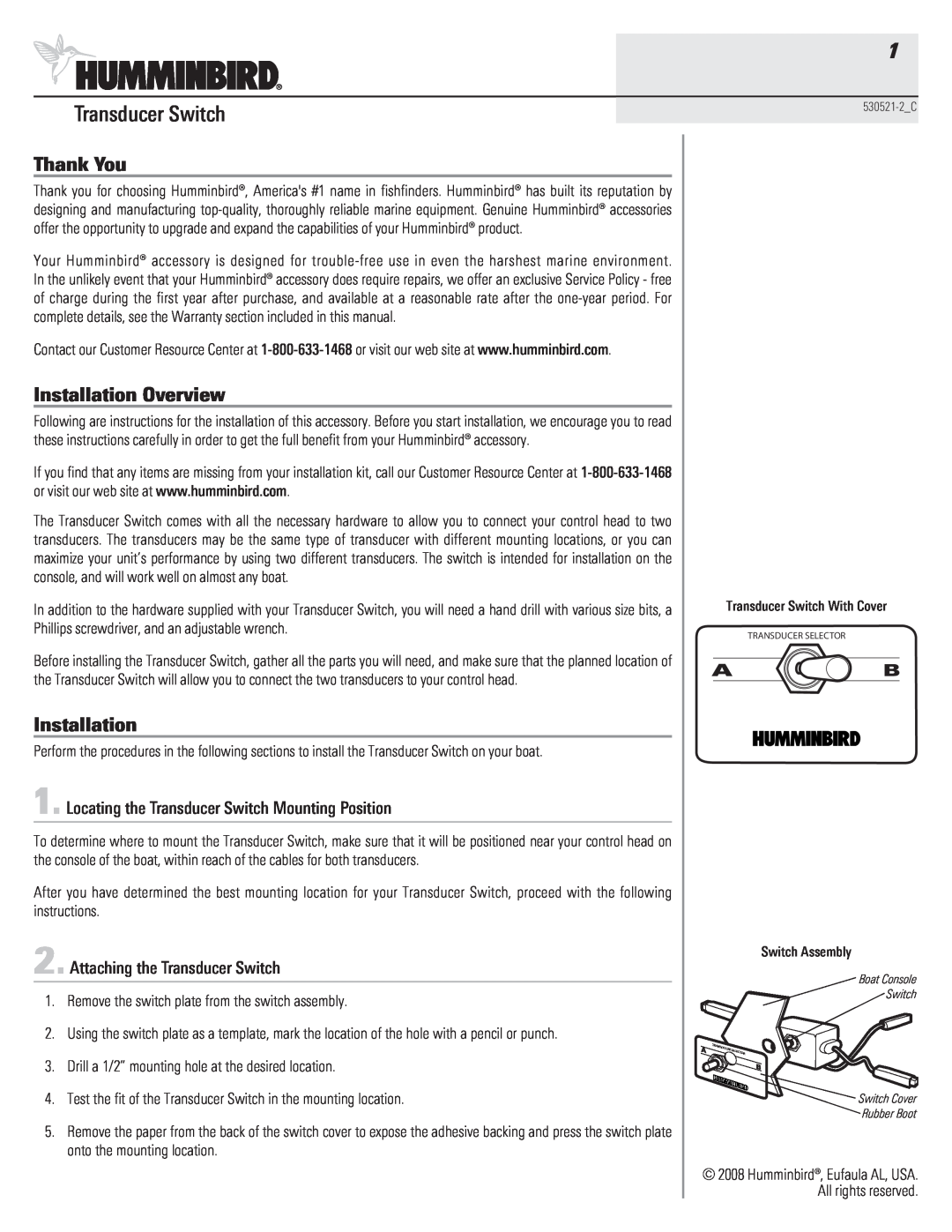 Humminbird 530521-2_C warranty Thank You, Installation Overview, Attaching the Transducer Switch, A B 