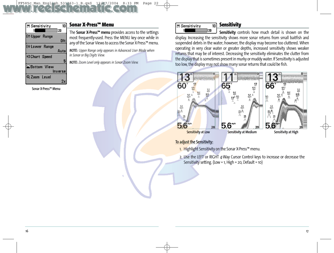 Humminbird 531363-1_A Sonar X-Press Menu, To adjust the Sensitivity, Highlight Sensitivity on the Sonar X-Press menu 