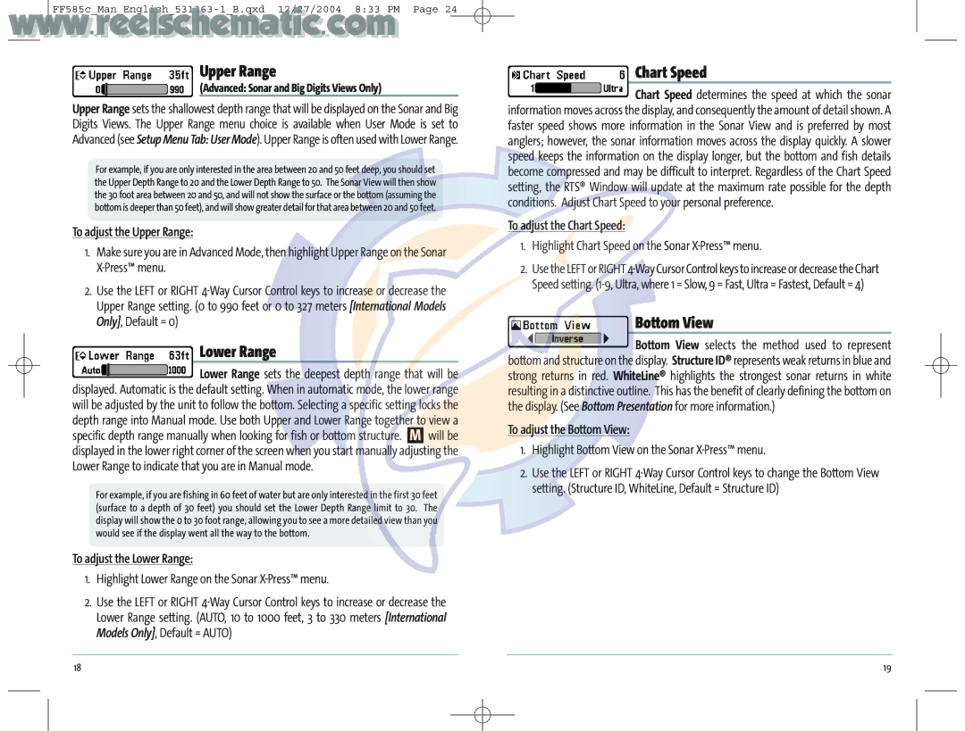 Humminbird 531363-1_A manual Upper Range, Lower Range, Chart Speed, Bottom View 