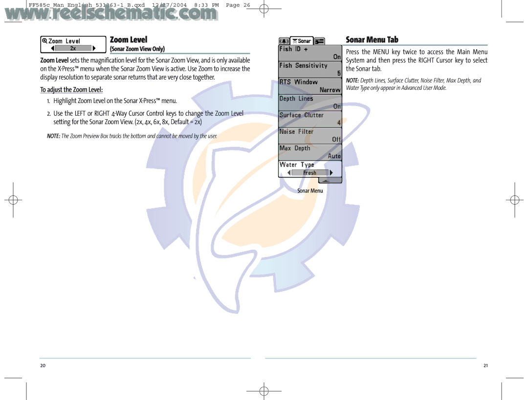 Humminbird 531363-1_A manual Sonar Menu Tab, To adjust the Zoom Level, Highlight Zoom Level on the Sonar X-Press menu 