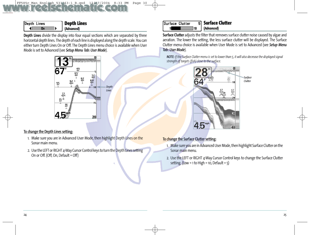 Humminbird 531363-1_A manual To change the Depth Lines setting, To change the Surface Clutter setting, Advanced 