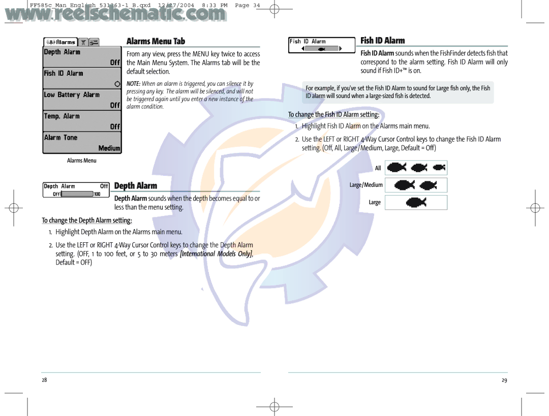 Humminbird 531363-1_A manual Alarms Menu Tab, Fish ID Alarm, To change the Depth Alarm setting 