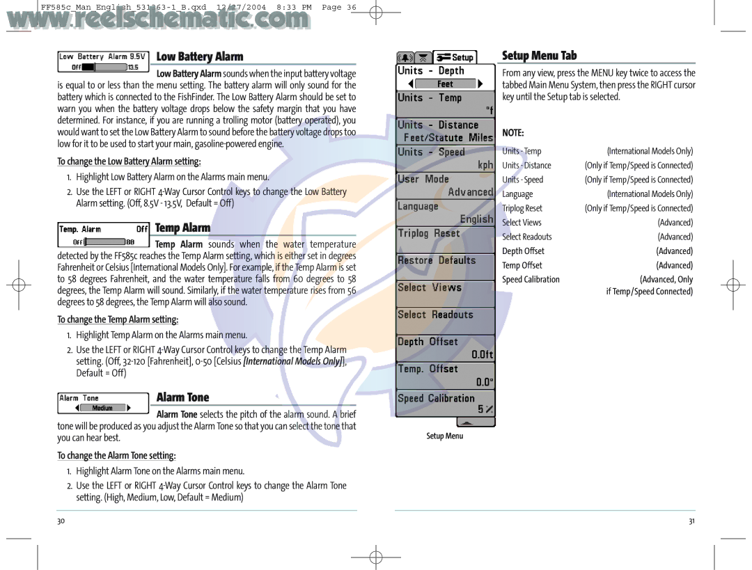 Humminbird 531363-1_A manual Low Battery Alarm, Temp Alarm, Alarm Tone, Setup Menu Tab 