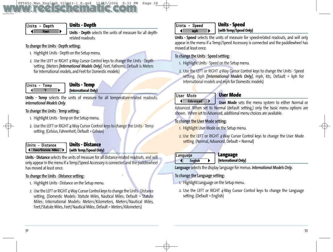 Humminbird 531363-1_A manual Units Depth, Units Temp, Units Distance, Units Speed, User Mode, Language 