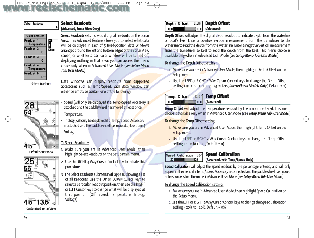 Humminbird 531363-1_A manual Select Readouts, Depth Offset, Temp Offset, Speed Calibration 