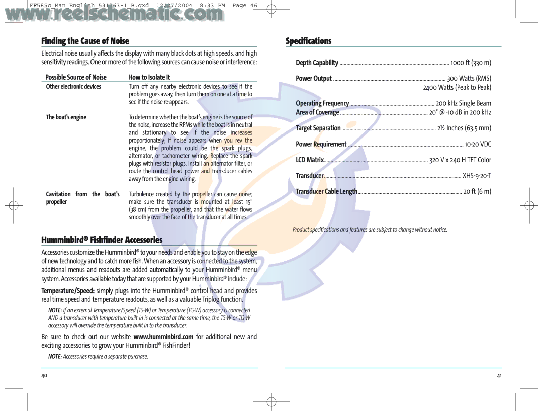 Humminbird 531363-1_A manual Finding the Cause of Noise, Humminbird Fishfinder Accessories, Specifications 