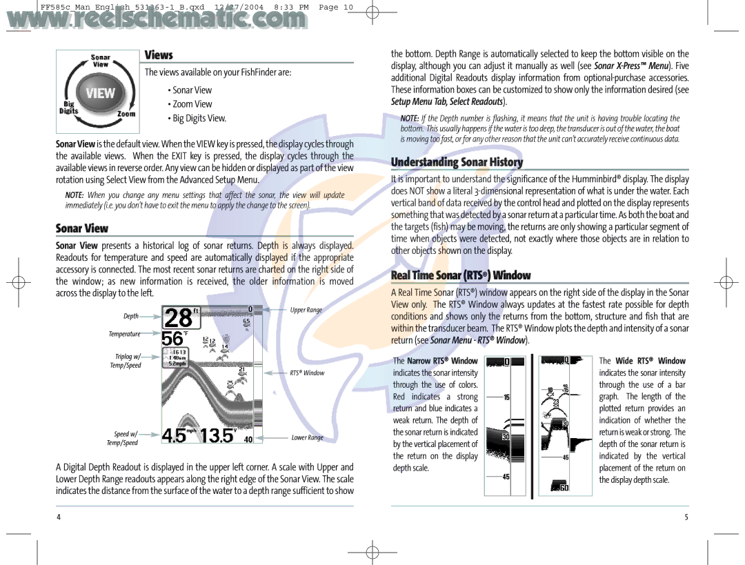 Humminbird 531363-1_A manual Views, Sonar View, Understanding Sonar History, Real Time Sonar RTS Window 