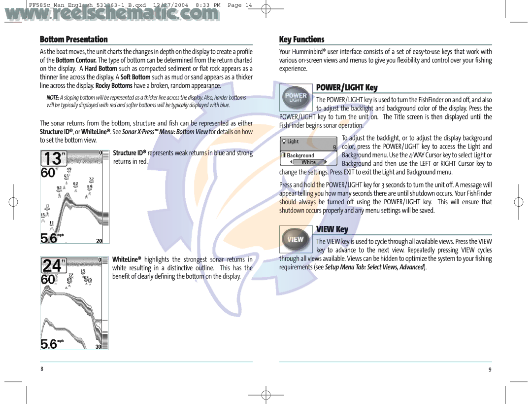 Humminbird 531363-1_A Bottom Presentation, Key Functions, POWER/LIGHT Key, View Key, FishFinder begins sonar operation 