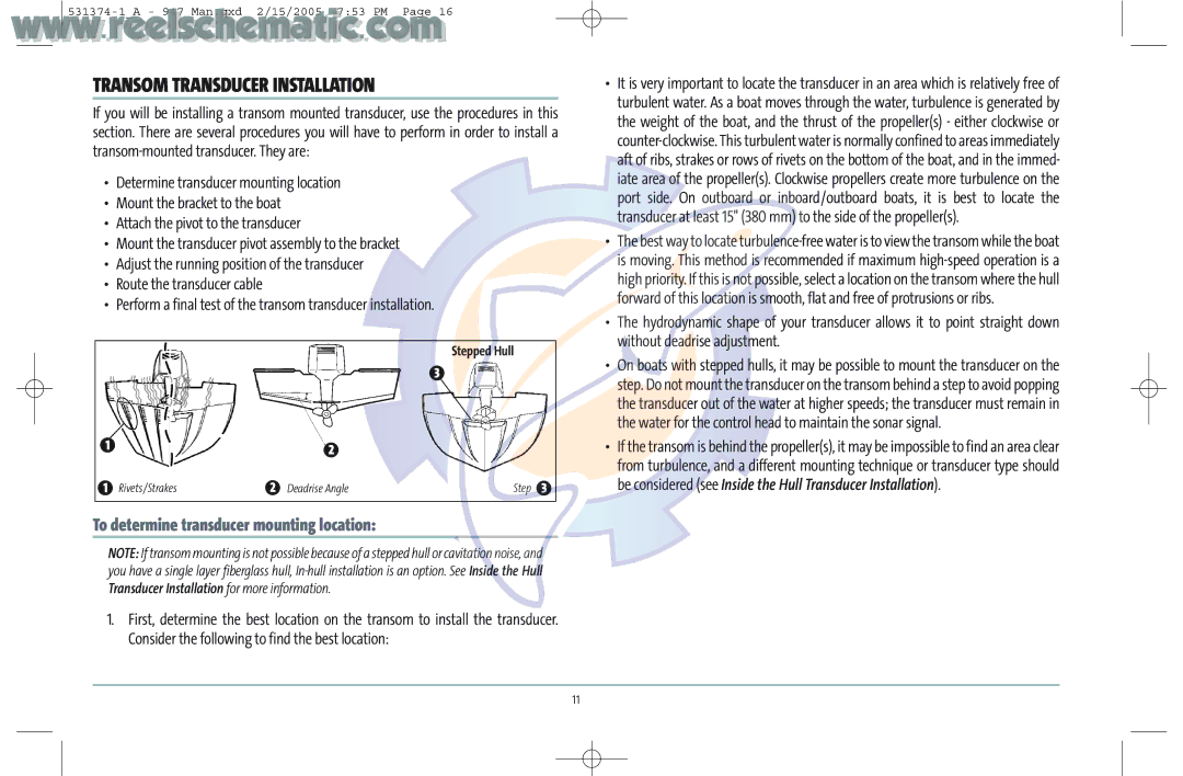 Humminbird 531374-1_A manual Transom Transducer Installation, To determine transducer mounting location, Stepped Hull 
