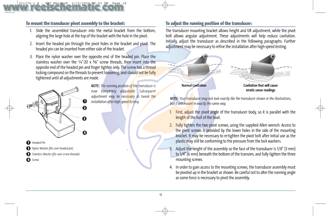 Humminbird 531374-1_A manual To mount the transducer pivot assembly to the bracket, Normal Cavitation 