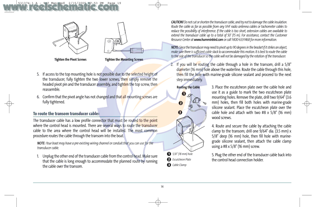 Humminbird 531374-1_A manual To route the transom transducer cable, Reassemble, Fully tightened, Routing the Cable 