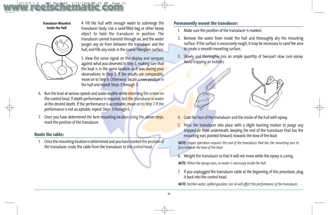 Humminbird 531374-1_A manual Permanently mount the transducer, Route the cable, Transducer Mounted Inside the Hull 