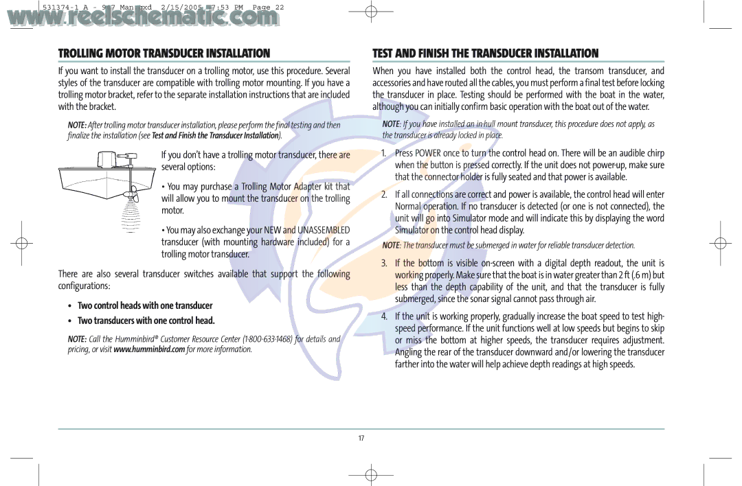 Humminbird 531374-1_A manual Test and Finish the Transducer Installation, Trolling Motor Transducer Installation 