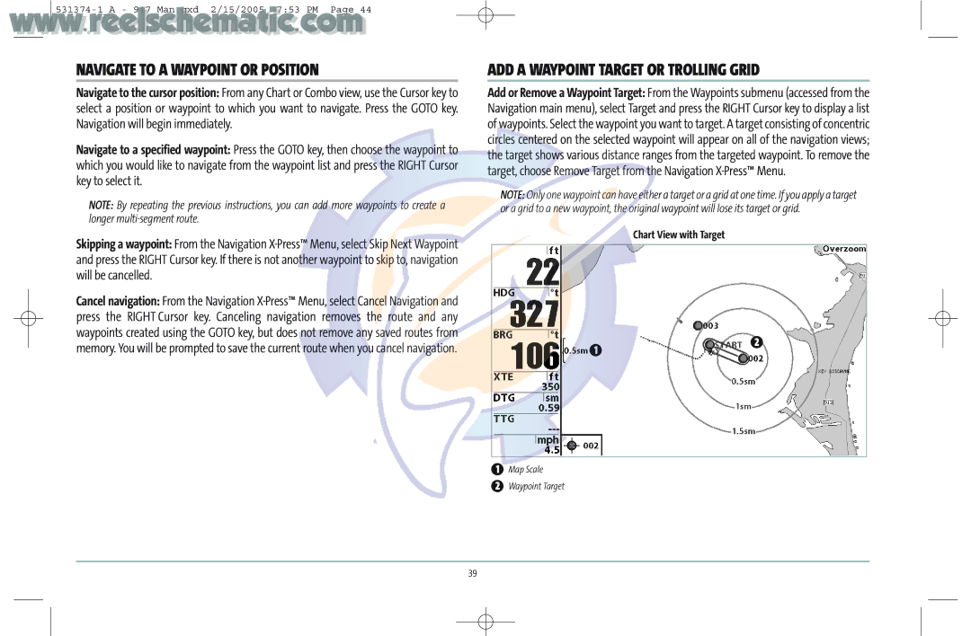 Humminbird 531374-1_A Navigate to a Waypoint or Position, ADD a Waypoint Target or Trolling Grid, Chart View with Target 