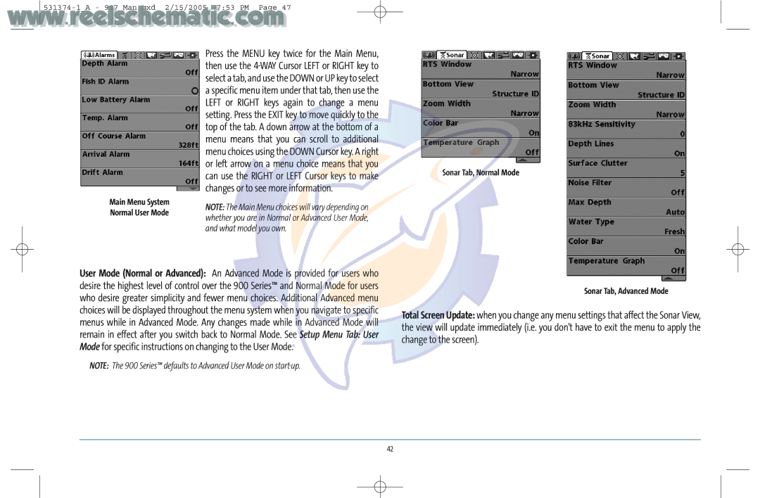 Humminbird 531374-1_A manual Sonar Tab, Normal Mode, Sonar Tab, Advanced Mode 