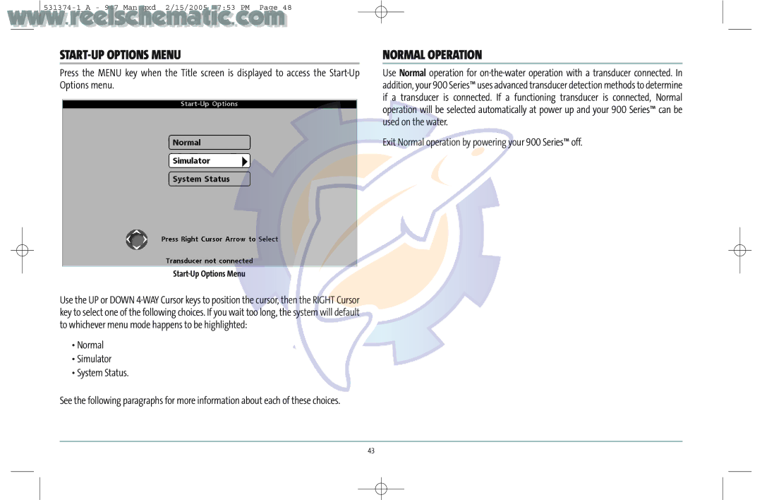 Humminbird 531374-1_A manual START-UP Options Menu, Normal Operation, Normal Simulator System Status, Start-Up Options Menu 