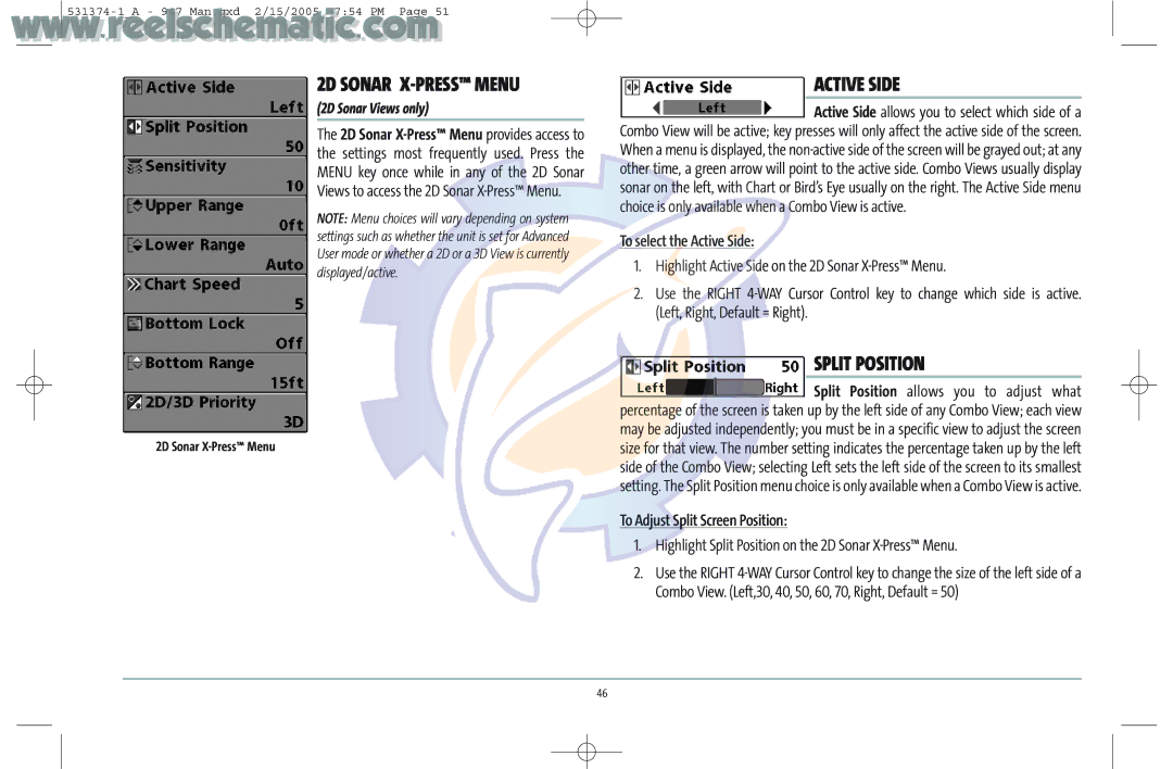 Humminbird 531374-1_A manual 2D Sonar X-PRESS Menu, Split Position, To select the Active Side 